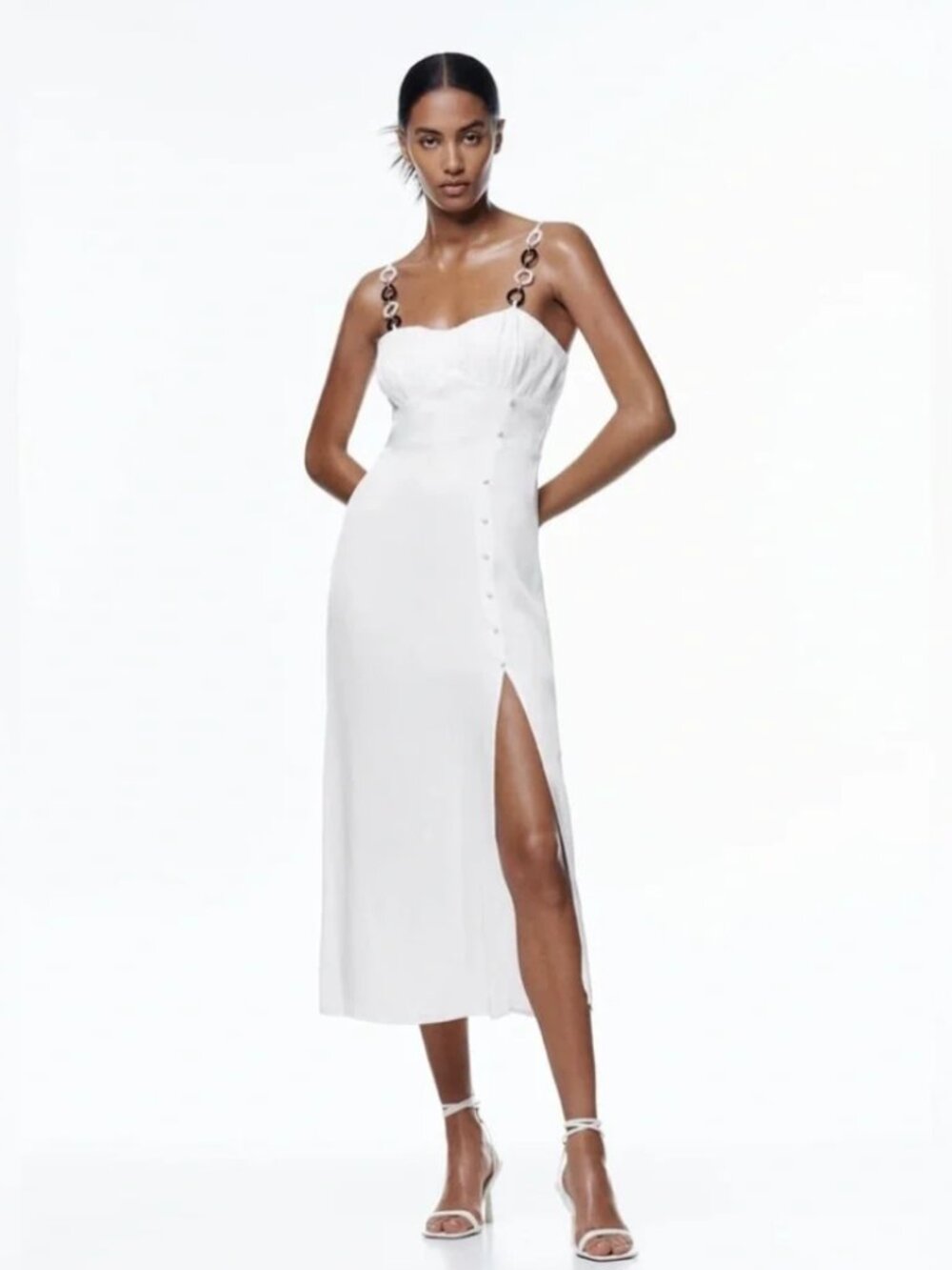 ZARA White Satin Strappy Midi Dres - Medium